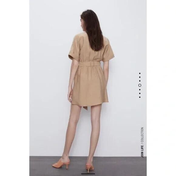 Zara Sand Short Linen Blend Dress With Belt Size S - Picture 4 of 9